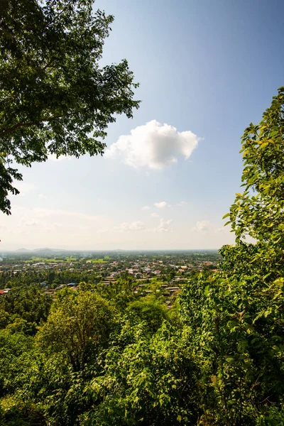 stock image Aerial view of Ban Tham subdistrict from Wat Phrathat Chom Sin viewpoint, Phayao province.