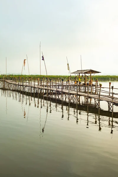 Small Wooden Bridge Kwan Phayao Lake Sunrise Thailand — Photo