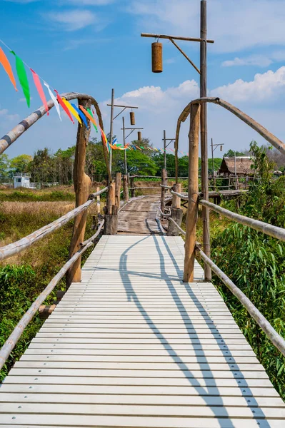 Wooden Bridge Rice Field Phrathat San Don Temple Lampang Province — 스톡 사진
