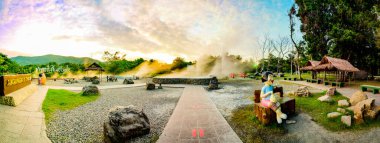 CHIANG MAI, THAILAND - October 13, 2020 : Panorama View of San Kamphaeng Hot Spring in Chiang Mai Province, Thailand.