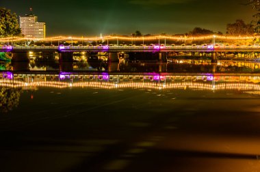 Nawarat Bridge with Ping River at Night in Chiang Mai Province, Thailand.