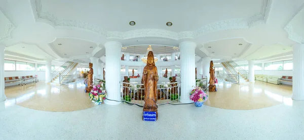 stock image CHIANG RAI, THAILAND - July 19, 2020 : Panorama View of White Building with Wooden Guanyin Statue in Huay Pla Kang Temple, Chiangrai Province.