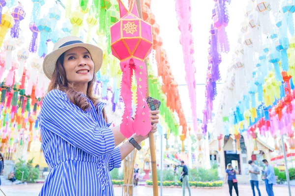 stock image Woman Tourist in Lamphun Lantern Festival, Lamphun Thailand.