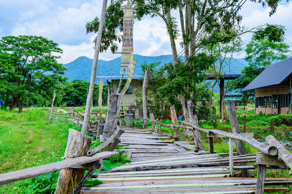 Small Wood Bridge in Park at Pua District, Nan Province.