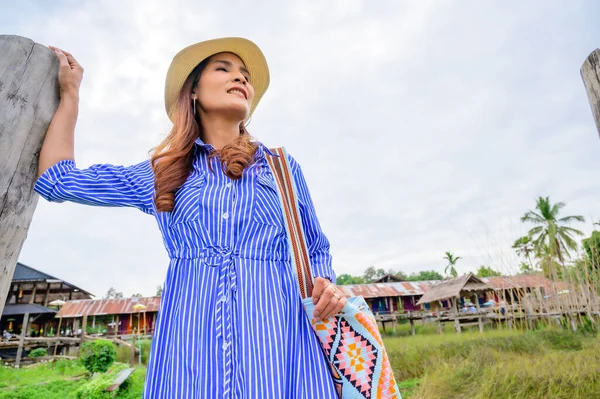 Thai Girl Blue Dress Park Background Nan Province — Foto de Stock