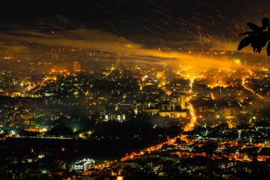Chiangmai city with fireworks in the night, Thailand.