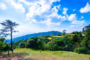 The mountains view with tent yard in Huai Nam Dang national park, Thailand.