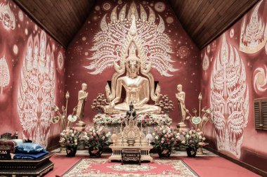 PHAYAO, THAILAND - July 19, 2020 : Beautiful golden Buddha statue of Si Khom Kham Temple, Phayao province.
