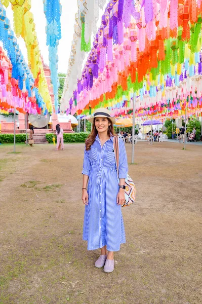 stock image Woman Tourist in Lamphun Lantern Festival, Lamphun Thailand.