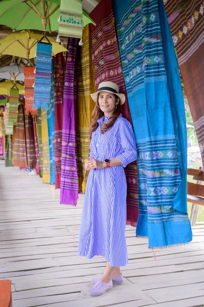 Thai Girl Blue Dress Thai Cloth Background Nan Province — Foto de Stock