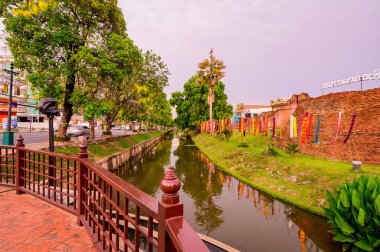 CHIANG MAI, THAILAND - April 13, 2021 : City Moat and Street at Hua Lin Corner in Chiangmai Province during Songkran Festival, Thailand.