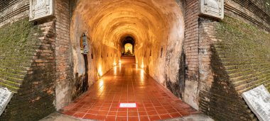 CHIANG MAI, THAILAND - April 8, 2022 : Panorama of Ancient Tunnel at Wat Umong, Chiang Mai Province.