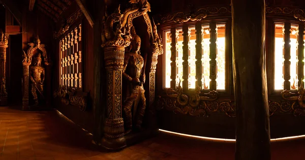 Panorama Image Wood Carving Art Wat Luang Khun Win Chiangmai — Stock Fotó