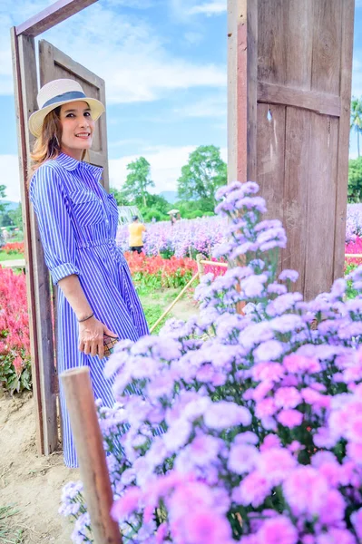 stock image Thai Woman with Beautiful Garden at Chiang Mai Province, THailand.