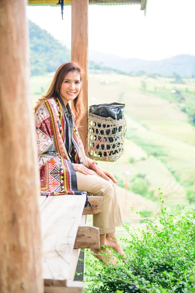 Asian Woman Thai Native Pavilion Rice Field Background Bong Piang — Foto de Stock