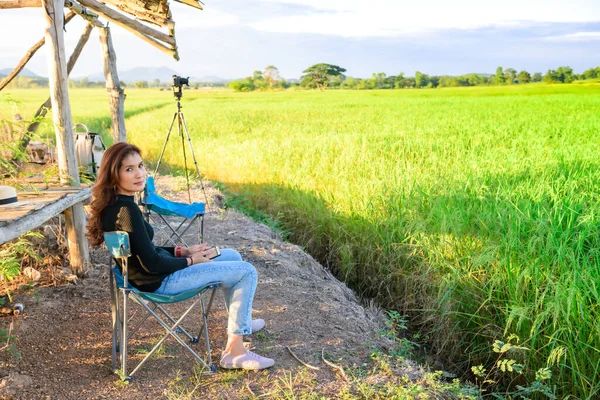 Thai Female Rice Field Background Phayao Province — стокове фото