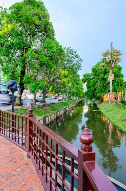 CHIANG MAI, THAILAND - April 13, 2021 : City Moat and Street at Hua Lin Corner in Chiangmai Province during Songkran Festival, Thailand.