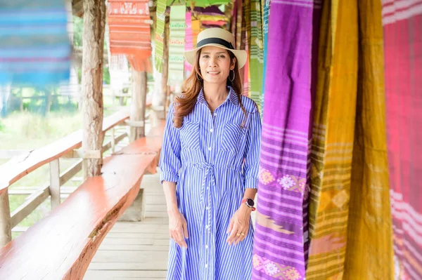 Thai Girl Blue Dress Thai Cloth Background Nan Province — Foto de Stock