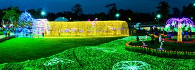 CHIANG MAI, THAILAND - December 17, 2022 : Panorama view of flower garden with beautiful lighting during the New Year's festival at the Charming Chiang Mai Flower Festival 2023, Thailand.