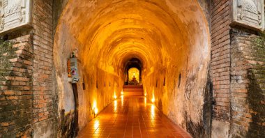 CHIANG MAI, THAILAND - April 8, 2022 : Panorama of Ancient Tunnel at Wat Umong, Chiang Mai Province.