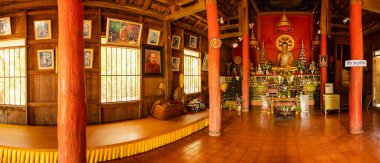CHIANG MAI, THAILAND - March 19, 2022 : Inside Panorama of Thai Style Old Building at Wat Luang Khun Win, Chiangmai Province.