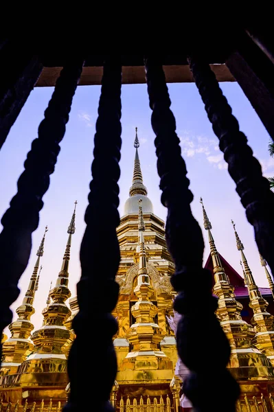 Ancient Golden Pagoda Wooden Balustrade Foreground Wat Phan Tao Chiang —  Fotos de Stock