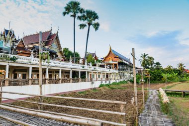 NAN, THAILAND - November 4, 2020 : Landscape of Thai Style Building and Rice Fied at Si Mongkol Temple, Nan Province.