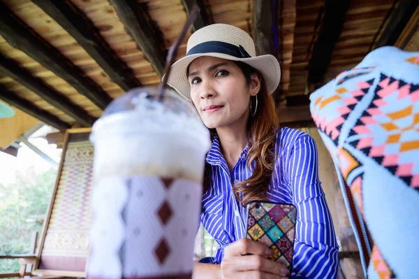 Thai Girl Blue Dress Coffee Shop Nan Province — Foto de Stock
