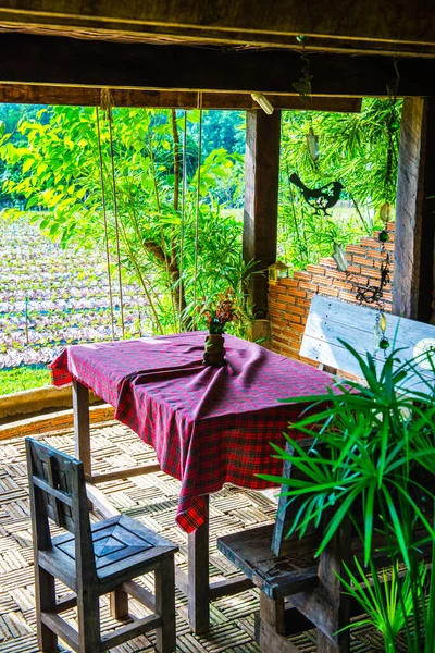 Meja Kayu Diatur Dalam Pertanian Stroberi Thailand — Stok Foto