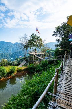 Bamboo bridge with mountain view in Pha Hi village, Chiang Rai province.