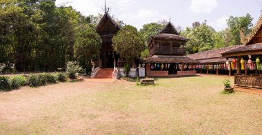 CHIANG MAI, THAILAND - March 19, 2022 : Panorama View of Thai Style Old Building at Wat Luang Khun Win, Chiangmai Province.