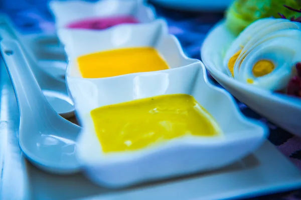 stock image Set of salad dressing in white bowl, Thailand.