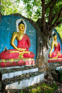 PHAYAO, THAILAND - October 8, 2019: Stone carving art of Buddha in Phrathat Chom Sin temple, Phayao province.