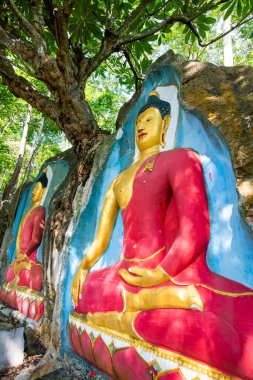 PHAYAO, THAILAND - October 8, 2019: Stone carving art of Buddha in Phrathat Chom Sin temple, Phayao province.