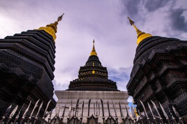 CHIANGMAI, THAILAND - July 21, 2019  : Beautiful pagoda with dark sky in Den Salee Sri Muang Gan temple, Thailand.