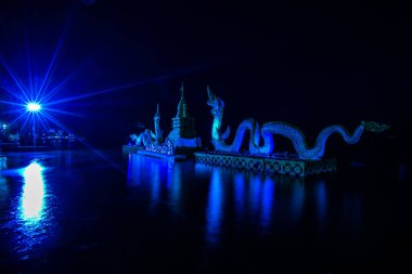 PHAYAO, THAILAND - October 7, 2019: Beautiful Kwan Phayao lake at night, Thailand.