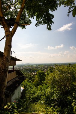 Aerial view of Ban Tham subdistrict from Wat Phrathat Chom Sin viewpoint, Phayao province.