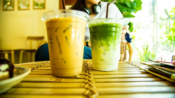 Gced Matcha Latte Café Gelado Vidro Plástico Tailândia — Fotografia de Stock