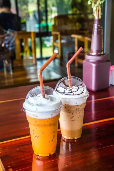 Chá Leite Gelado Café Gelado Copo Plástico Tailândia — Fotografia de Stock