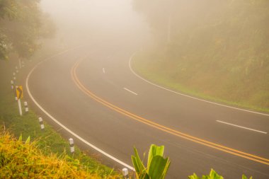 Tayland 'ın Phayao eyaletinde kış mevsiminde sisli yol.