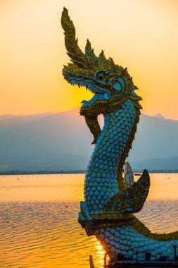 Beyaz Naga heykeli Kwan Phayao 'da akşam güneşli, Tayland.