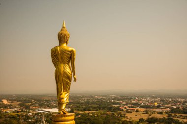 Phra 'da yürüyen altın Buda heykeli. Khao Noi tapınağı, Tayland.