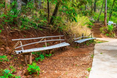 Yürüme yolunun yanındaki basit bambu bank, Tayland.