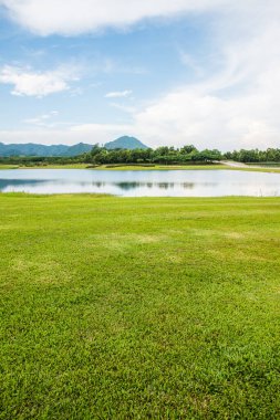 Gölü olan yeşil çimenlik alan, Tayland.