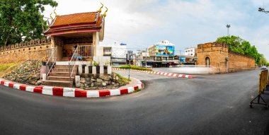 CHIANG MAI, THAILAND - April 26, 2020 : Panorama of Chiang Mai Gate with city street, Chiang Mai province.