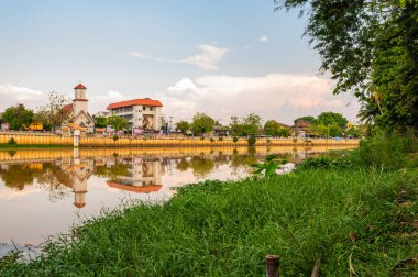 CHIANG MAI, THAILAND - May 6, 2020 : Ping River with Chiang Mai Town, Thailand.