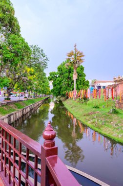 CHIANG MAI, THAILAND - April 13, 2021 : City Moat and Street at Hua Lin Corner in Chiangmai Province during Songkran Festival, Thailand.