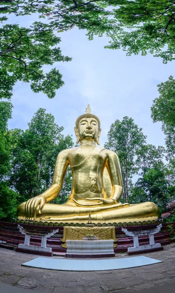 Vertical panorama view of golden Buddha statue in Wat Analyo Thipayaram, Phayao province.