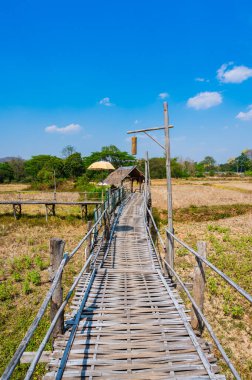 The wooden bridge with rice field at Phrathat San Don temple, Lampang province.