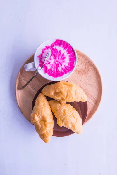 stock image Hot fresh milk with fresh croissants on white table, Thailand